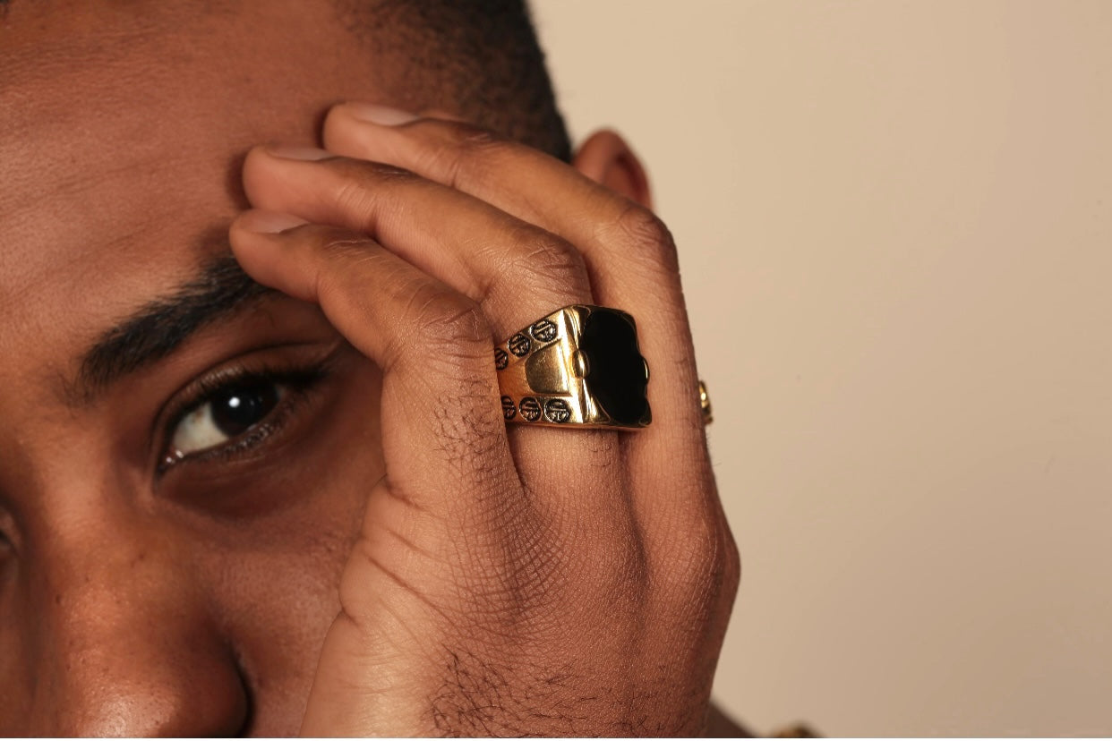 Olokun Enamel Tainted Antique Square Royal Ring (GOLD).