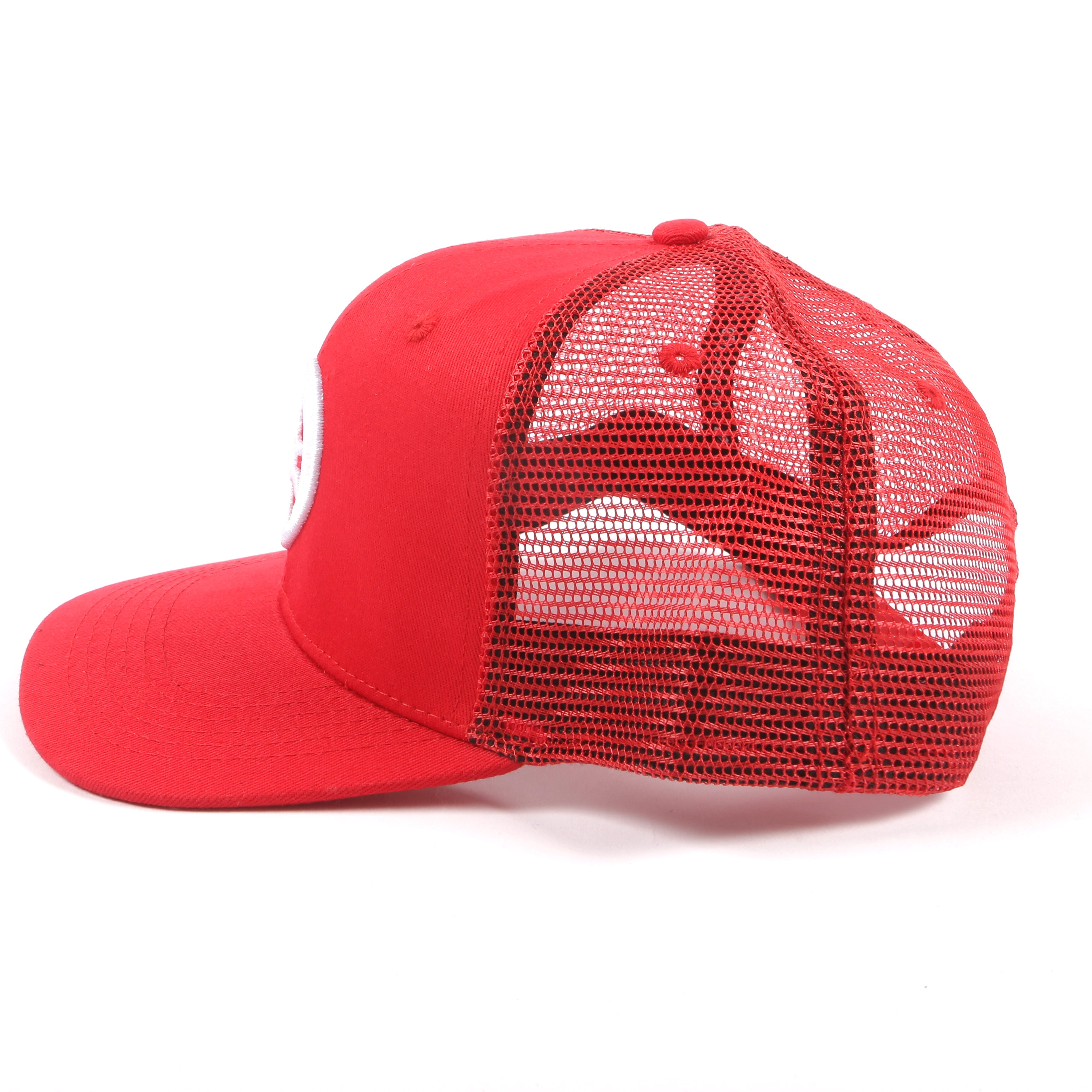 Red Olokun Varsity Mesh Cap with a slightly Curved Peak.