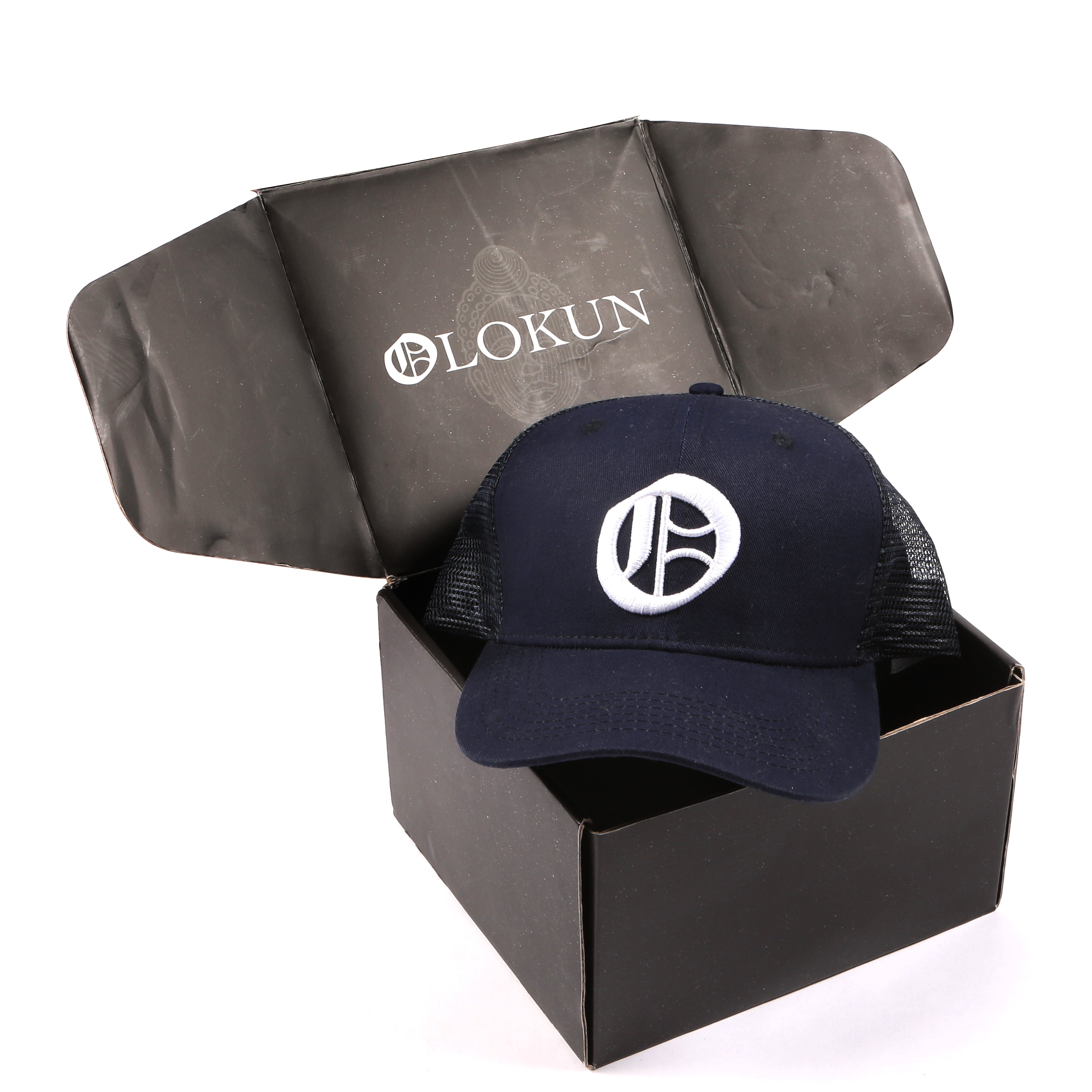 Blue Olokun Varsity Mesh Cap with a slightly Curved Peak.